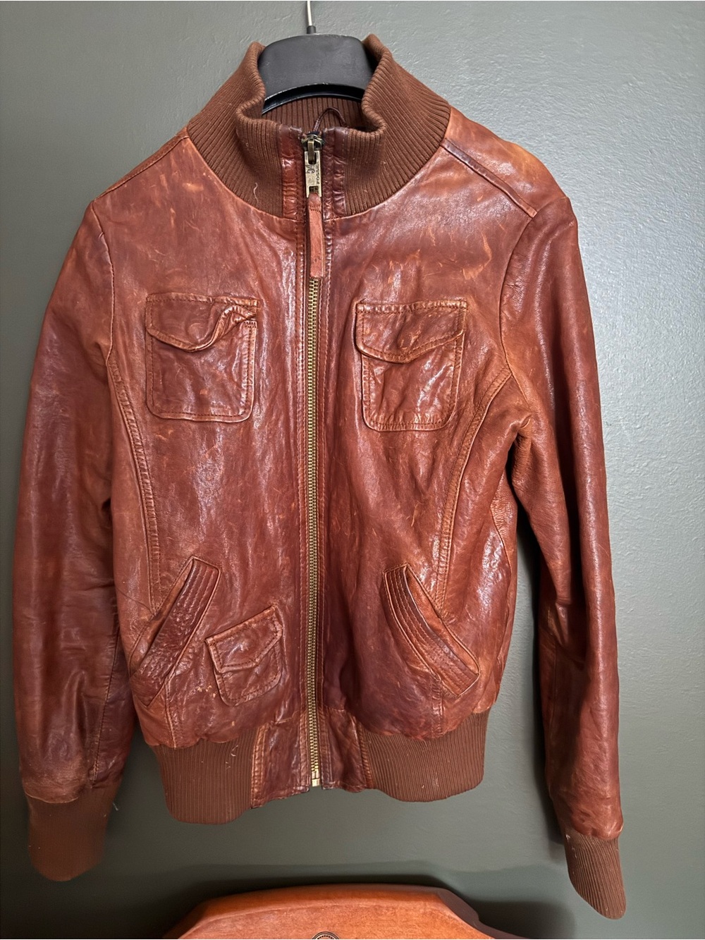Fossil Brown Leather Zip Bomber Jacket